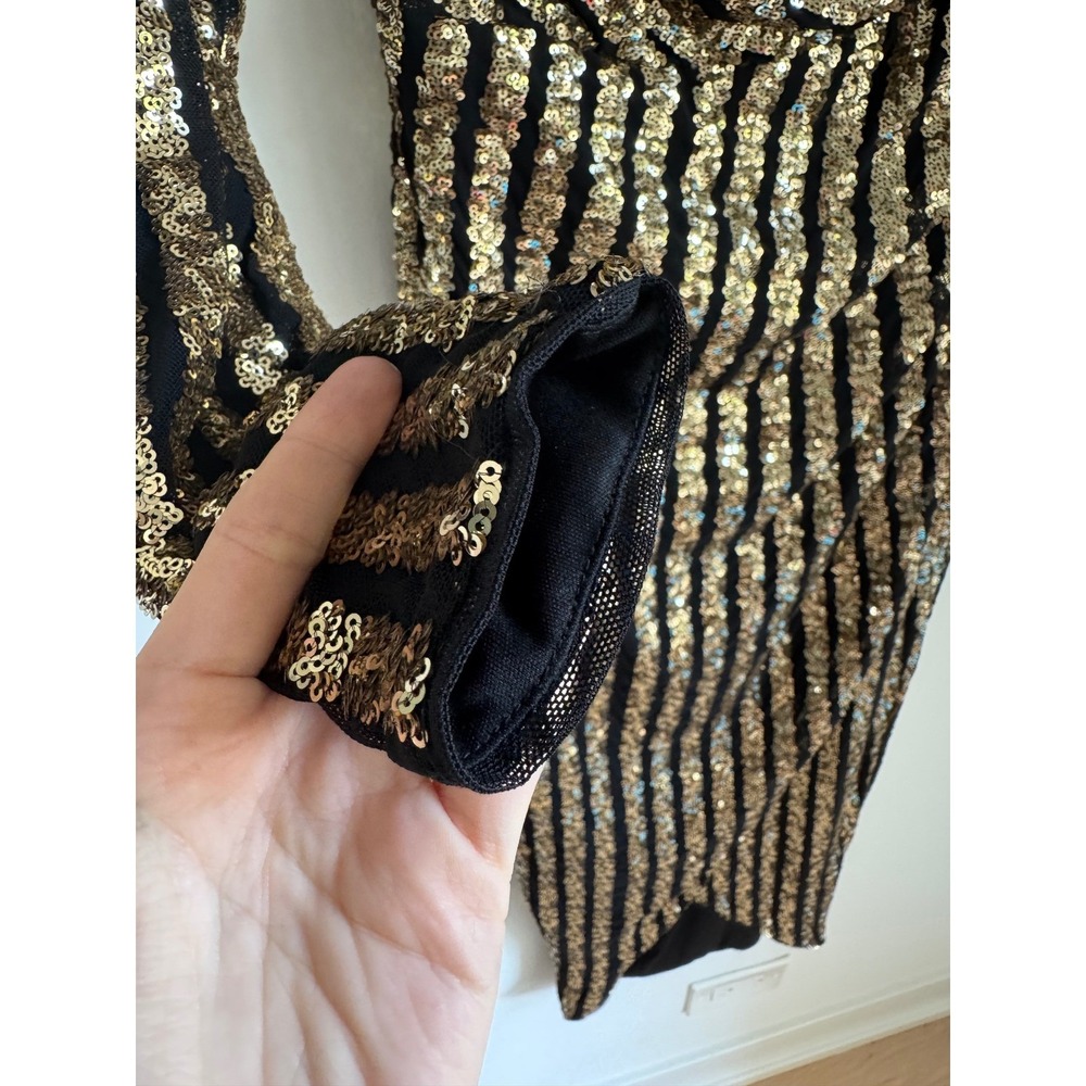 Lulus Gold Black Sequin One Shoulder Midi Dress Stripe Long Sleeve M NEW - Picture 7 of 16
